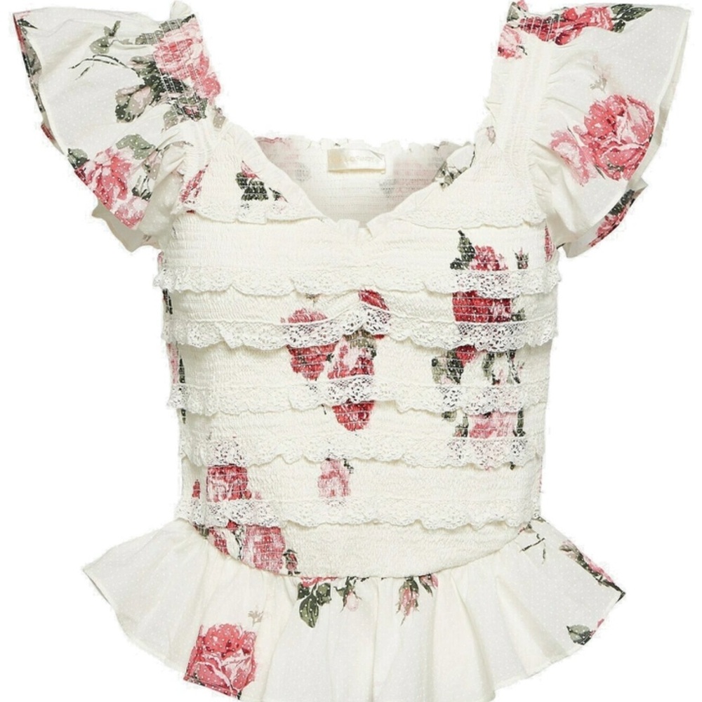 LoveShackFancy Cream and Pink Floral Lace Blouse